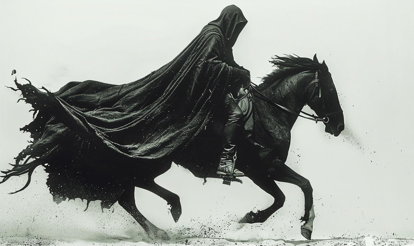 grimreaper  horseback  cloak  action  portrait  stylized  background  iconic  dark  person 971095