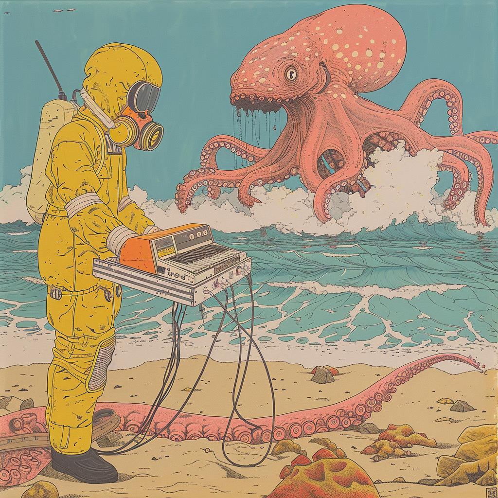 surreal  technician  beach  octopus  synth  yellow  whimsical  artwork  colorful  fantasy 1018101