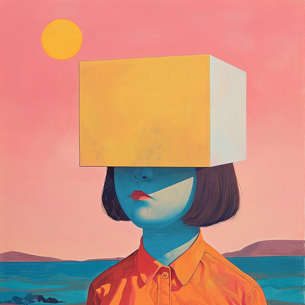 surreal  album  cover  girl  box  head  colorful  unique  contemporary  playful 978486