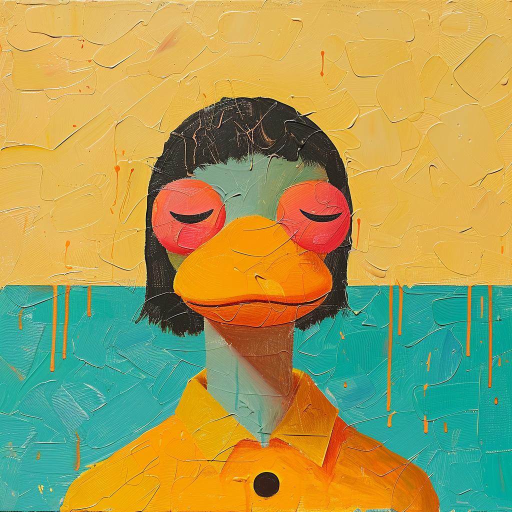 duck  yellow  shirt  encaustic  impasto  palette-knife  art  playful  colorful  whimsical 1015761
