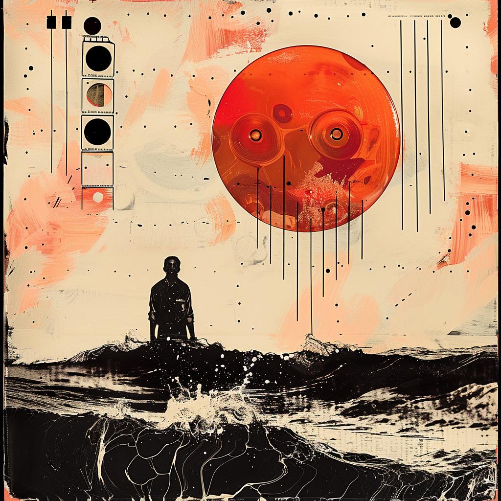 man  ocean  orange  sun  landscape  encaustic  paint  imperfect  cream  black 963415