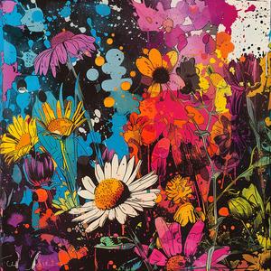 album  cover  colorful  flowers  black  background  surreal  Risograph  chaos  vibrant 1078064