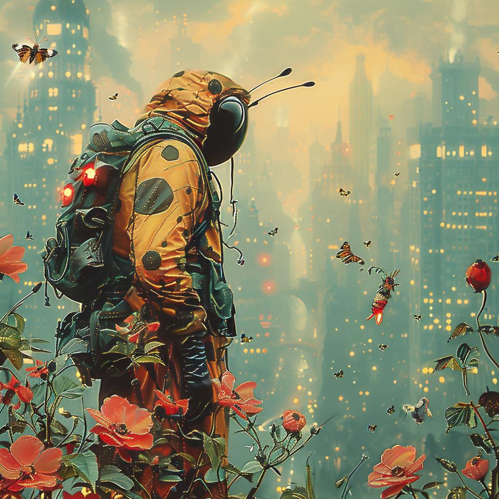 man  suit  backpack  bee  flowers  chromolithography  art  nature  surreal  whimsy 1028835