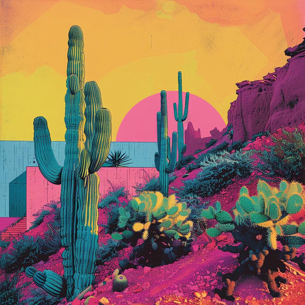 painting  cactus  rocks  Tycho  desert  trippy  geometric  blues  teals  colorful 960673