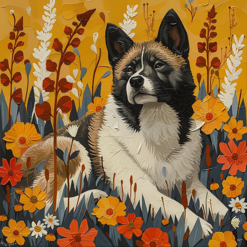akita  dog  flowers  countryside  vibrant  textured  faith  whimsical  harmonious  composition 938645