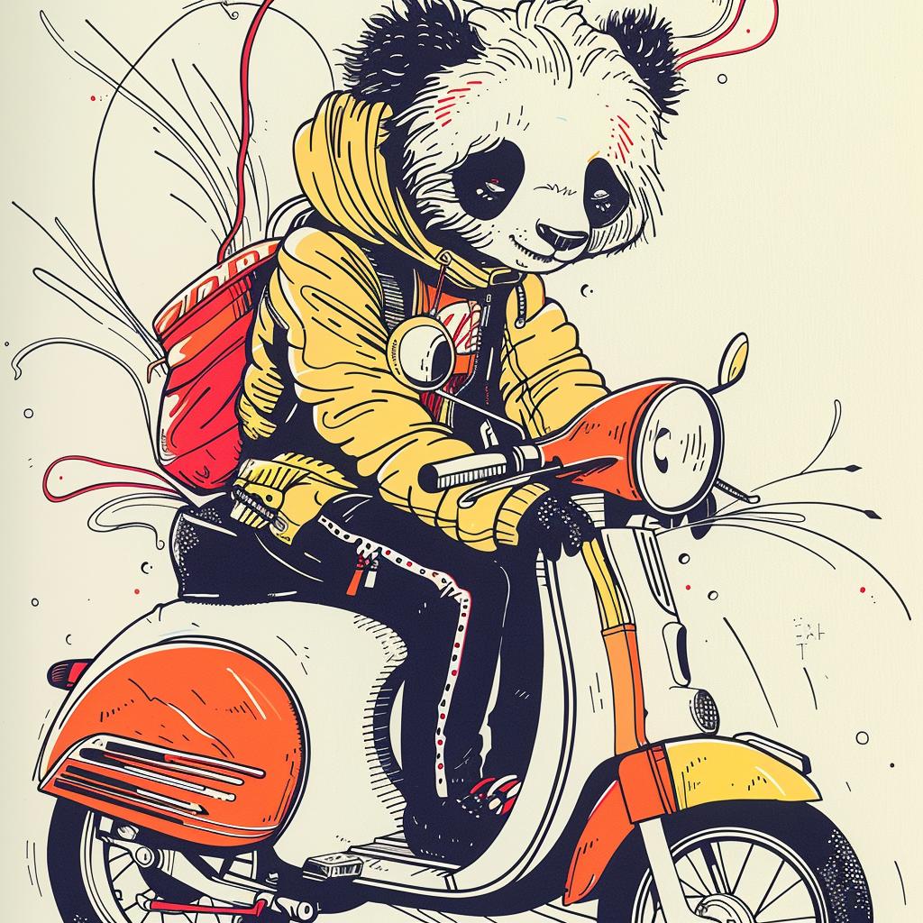 panda  scooter  happy  playful  vehicle  cartoon  animal  whimsical  fun  illustration 938834