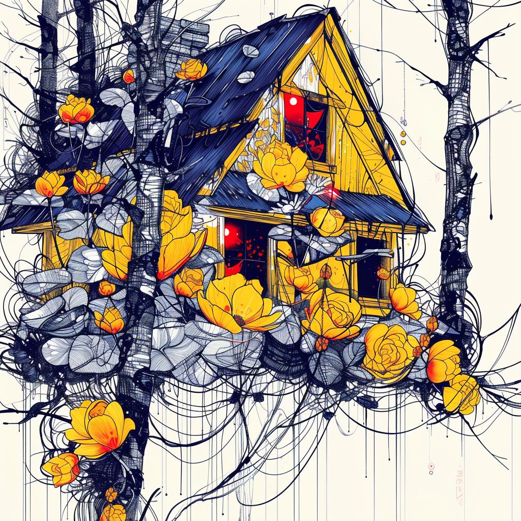 cabin  woods  animated  folk  vibrant  illustration  sinuous  colors  flowers  drawing 944842