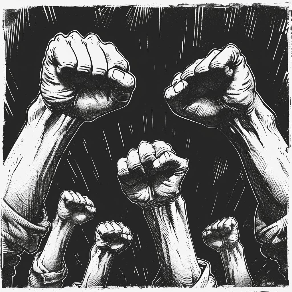 linocut  print  halftone  crosshatching  sci-fi  illustration  workers  fists  dark  gouache 922403