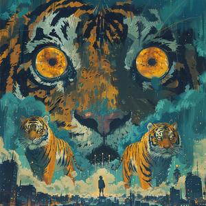 tiger  creatures  ominous  occult  city  Art Nouveau  Surrealism  pointillism  mystical  gold 1077095