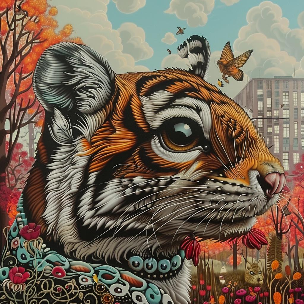 hybrid  creature  tiger  flowers  butterflies  whimsical  colorful  illustration  fantasy  vibrant 1033544