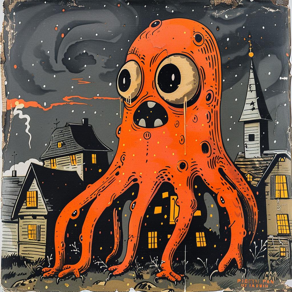 octopus  orange  house  illustration  style  dark  fantasy  art  imagination  creativity 930437