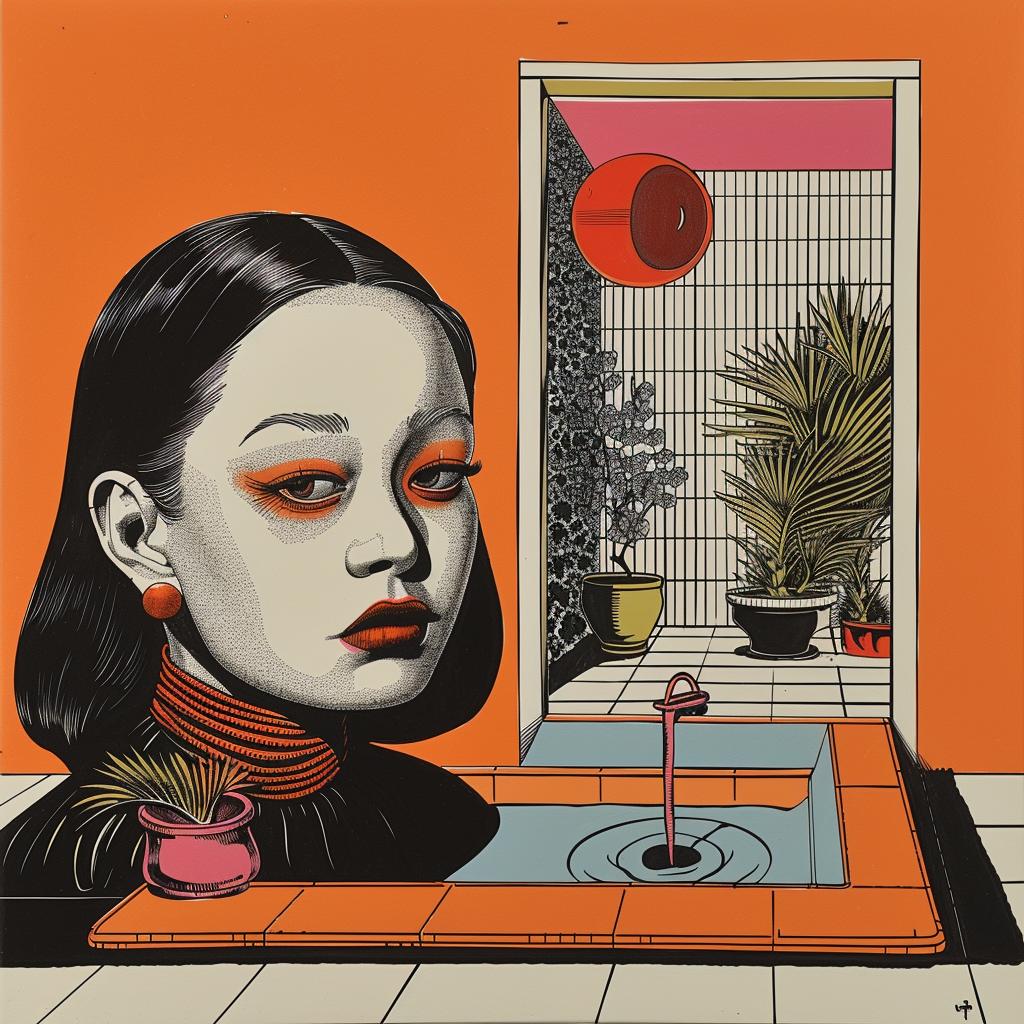horror  novels  painting  woman  orange  background  style  Japanese  minimalism  art 1020626