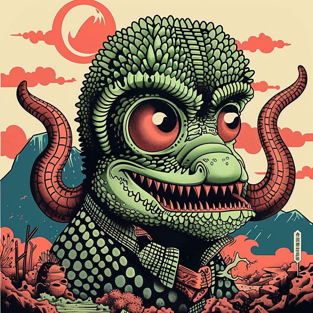 creature  lizard  poster  red  background  Japanese  lettering  chromolithography  art  vintage 945987