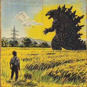 comic  cover  Godzilla  rice  fields  minimalist  1960s  art  poster  illustration 1075363