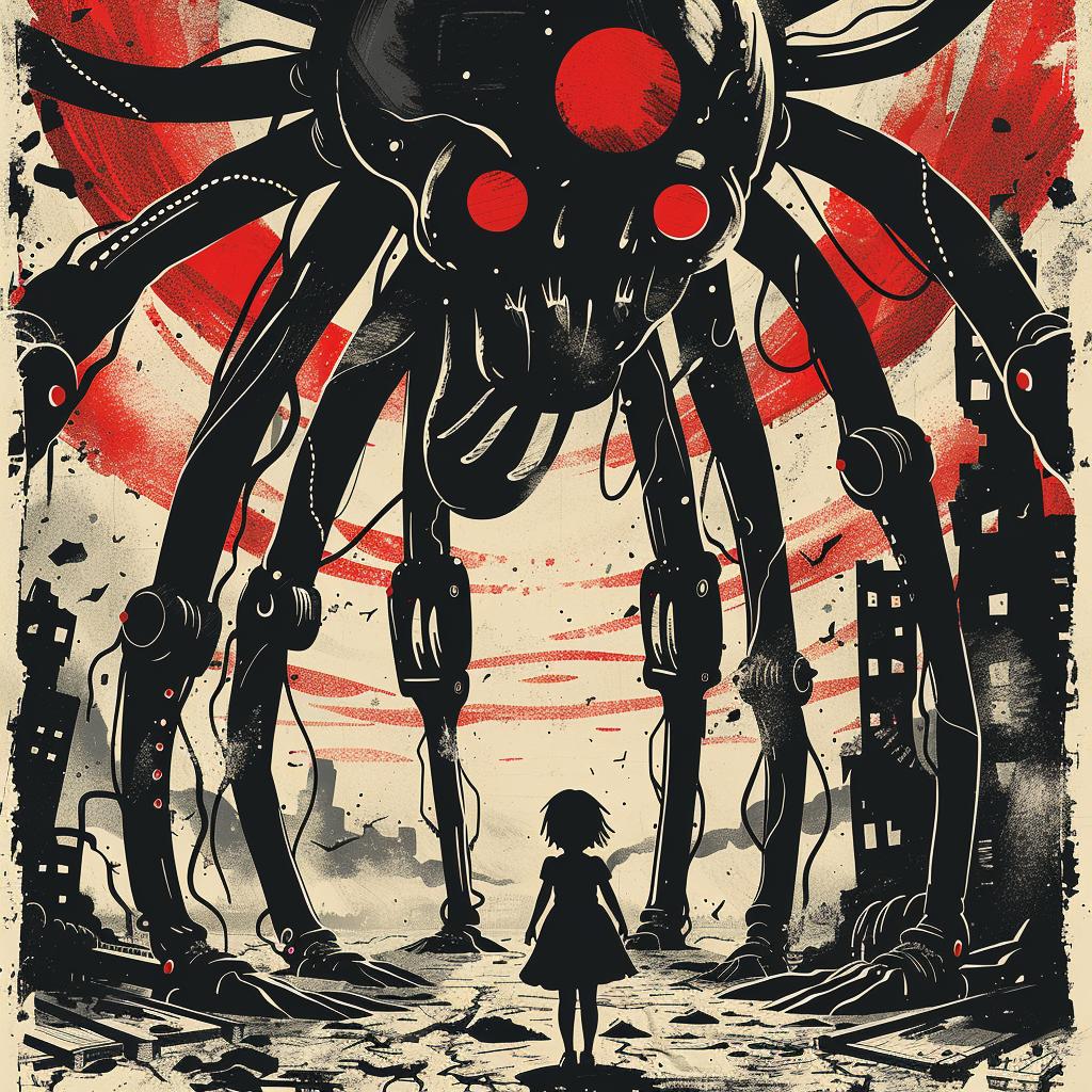 robot  girl  geometric  poster  spider  battle  narrative  style  Japanese  surreal 940854