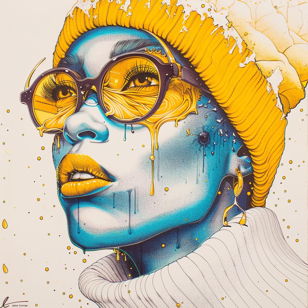 PopArt  woman  yellowHat  glasses  painting  TroyBrooks  AfricanAmerican  drippingMakeup  vividColors  whiteBackground 939268