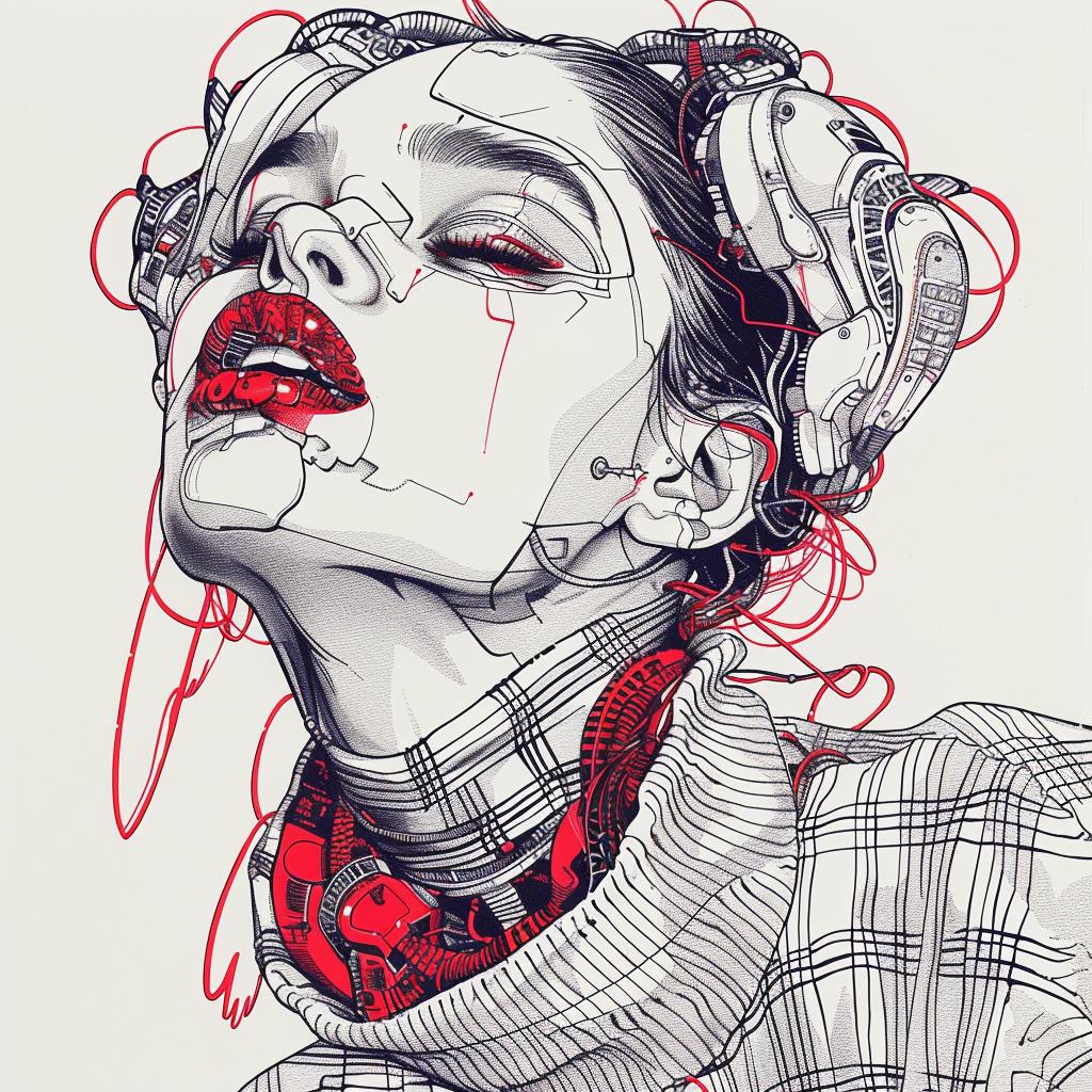 رسم سايبورغ يبكي ميكانيكيًا، رسم بورتريه أحمر شفاه، أسلاك فنية 944816