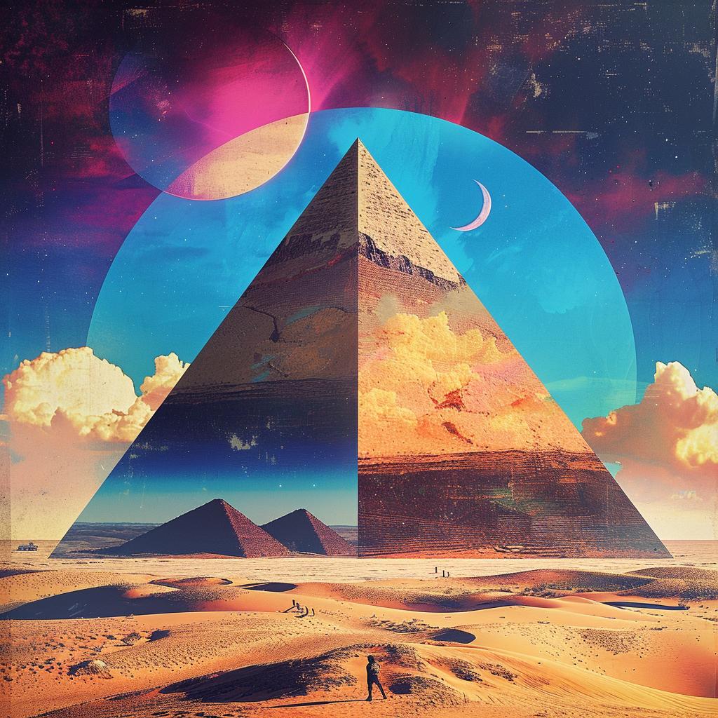 axonometric  view  abstract  impressionism  pyramid  desert  synthwave  clouds  graphic  collage 967911