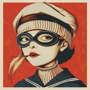surreal  poster  woman  sailor  hat  goggles  Risograph  Symbolist  hyper-realistic  screenprinting 1074804