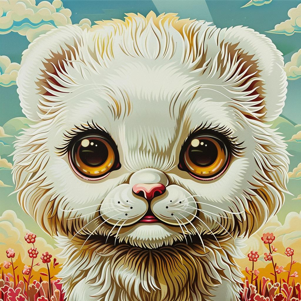 lion  kawaii  white  background  painting  cute  oversized  art  flowers  field 1033653