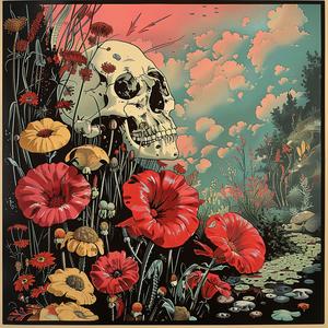 skull  flowers  chromolithography  field  nature  still life  vibrant  contrast  organics  artistic 1055805