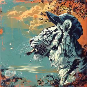 tiger  hat  bird  chromolithography  whimsical  animal  illustration  playful  colorful  fantasy 1039516