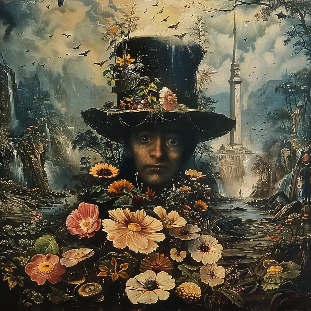 man  top hat  flowers  chromolithography  vibrant  portrait  nature  colorful  whimsical  elegant 1035255