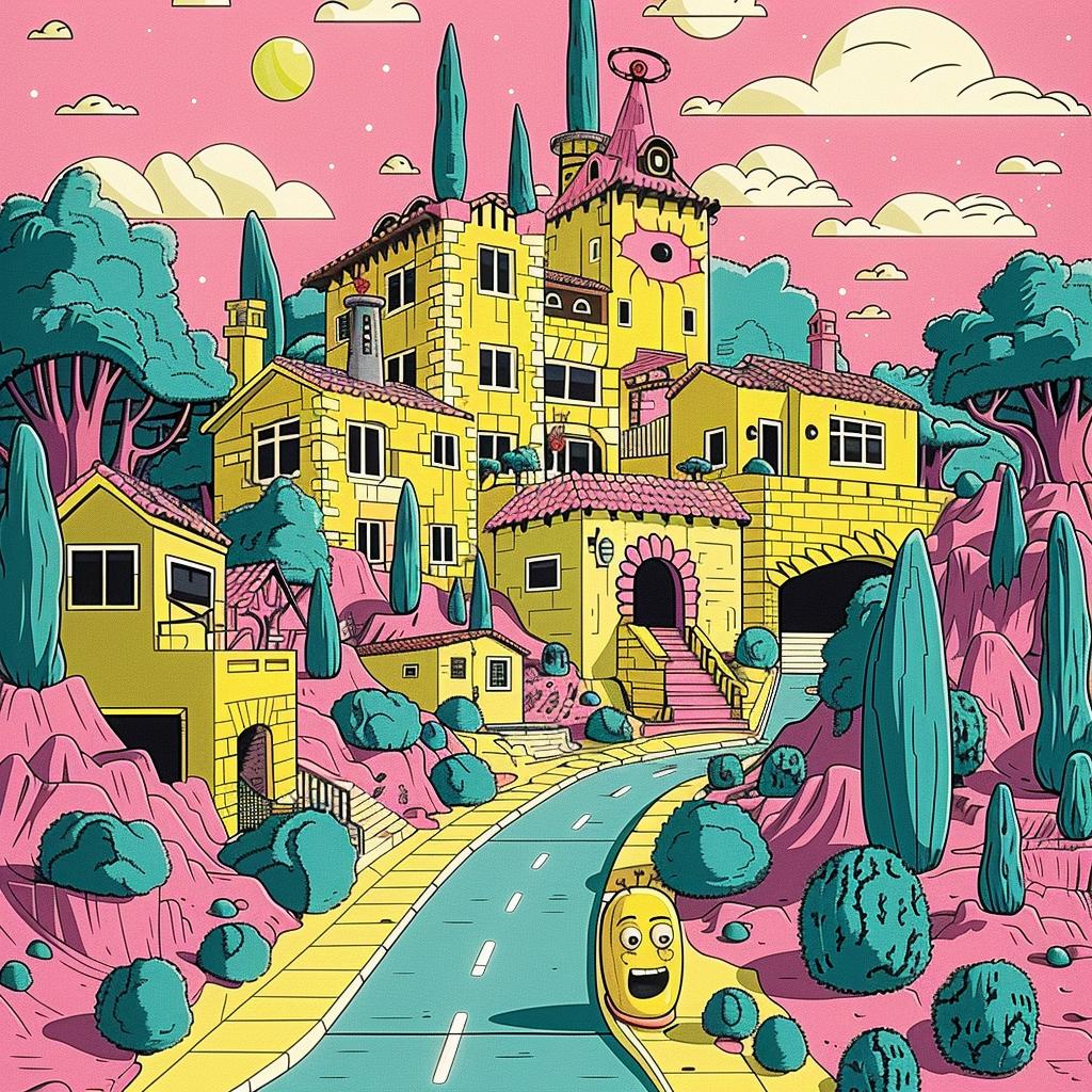 cartoon  house  trees  bushes  whimsical  colorful  surreal  illustration  fantasy  playful 923724