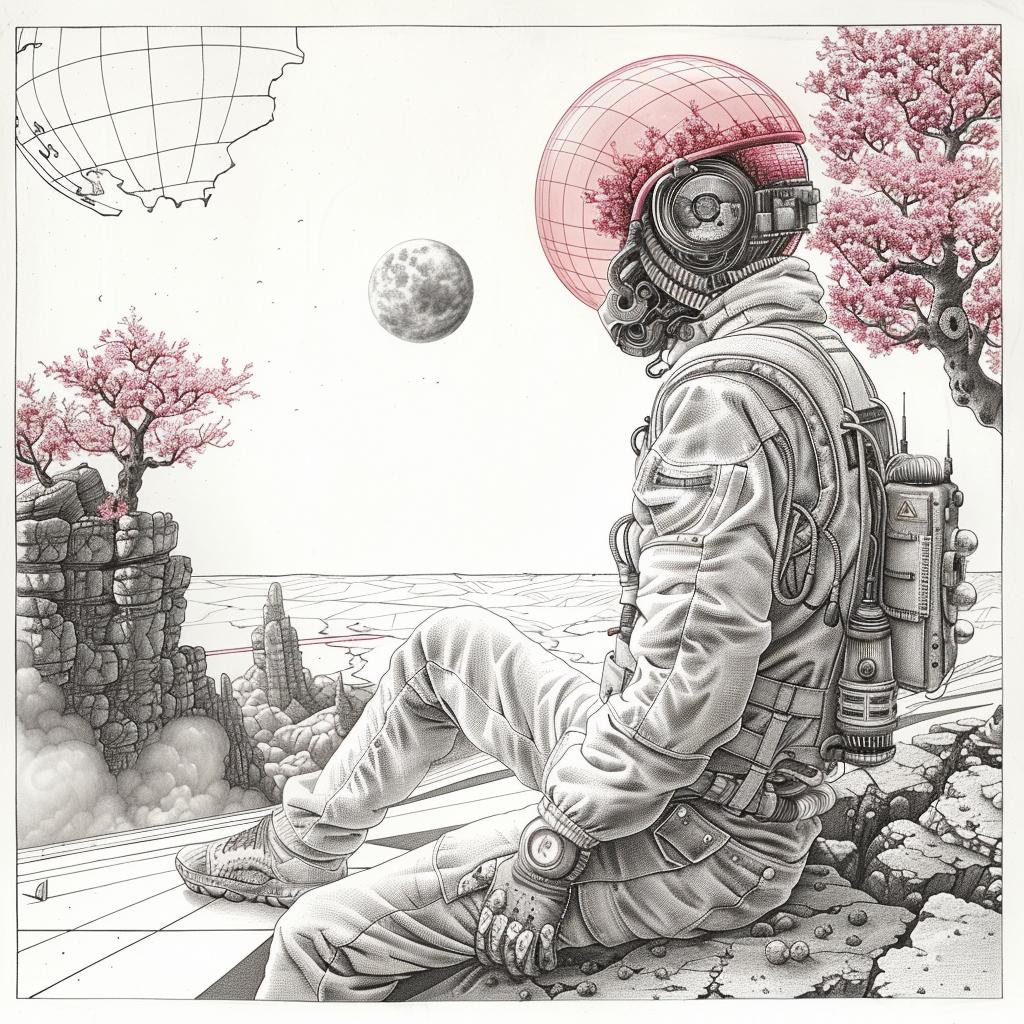 minimal  synthwave  album  cover  Ukiyo-e  man  space  helmet  surreal  futuristic 916297