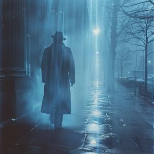 monochromatic  black  white  street  man  trench  coat  night  walking  surreal 1036853