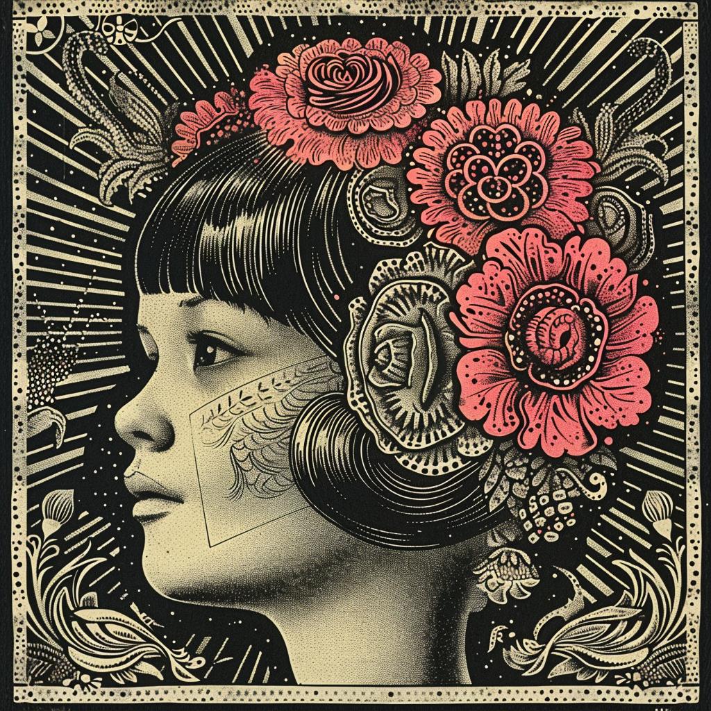 art  deco  album  cover  Ukiyo-e  surreal  woman  flowers  vintage  band 916303