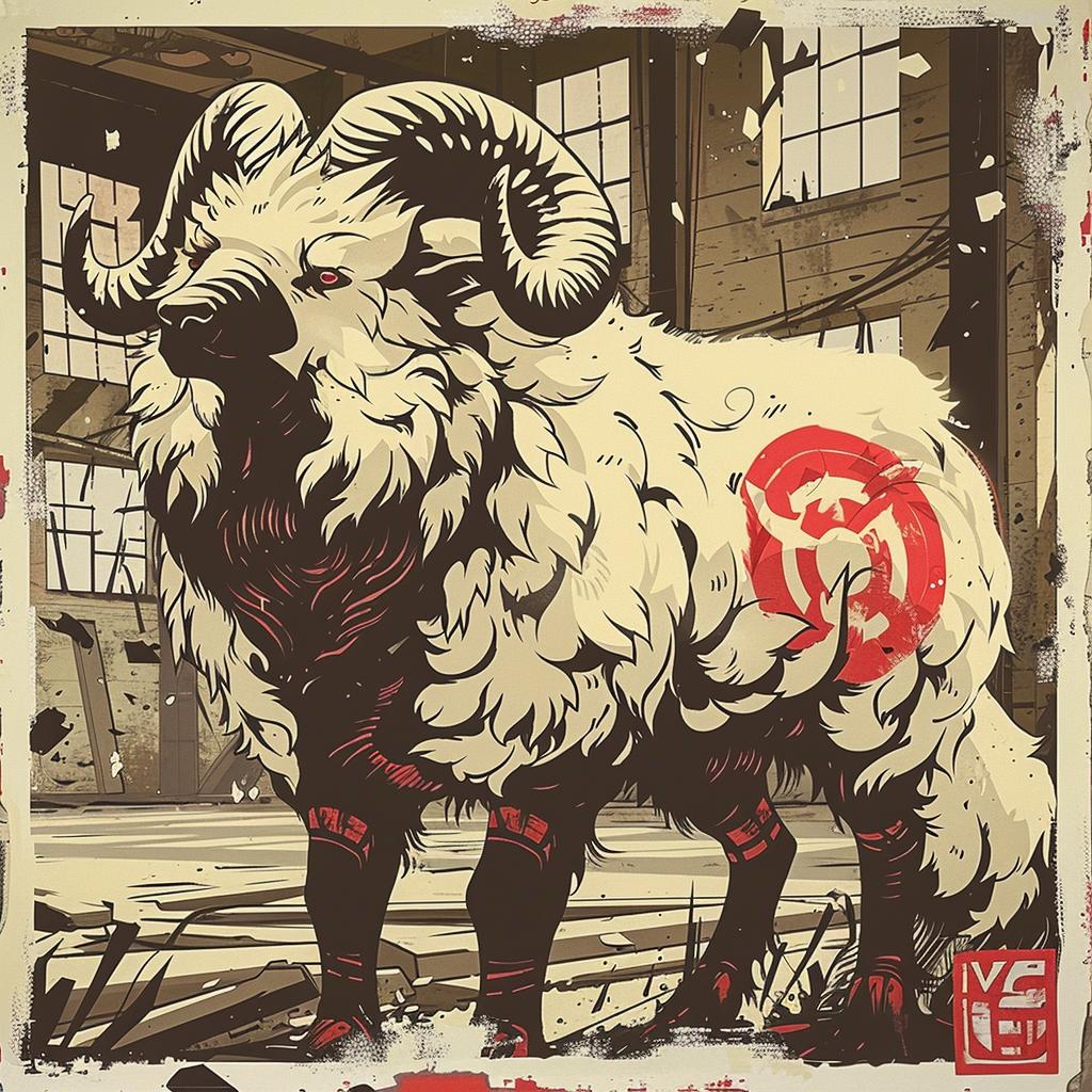 mythical  creature  ram  poster  red  circle  fantastical  artwork  unique  design 941147