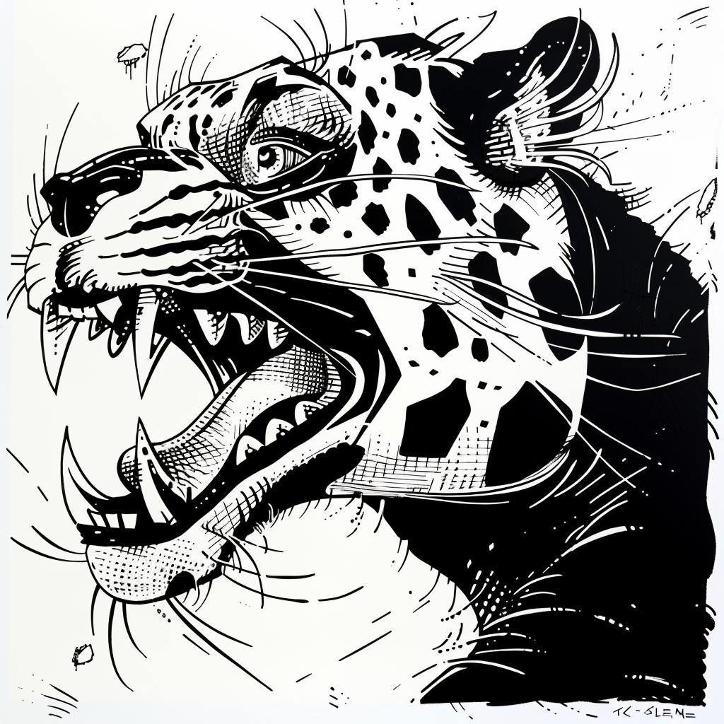 رسم جاكوار يزأر عن قرب، رسم واقعي للحياة البرية بالأبيض والأسود، وجه حيوان 1027909