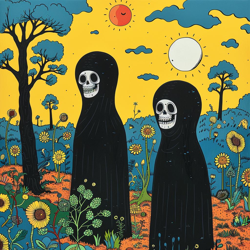 skeletons  robes  field  sunflowers  surreal  album  cover  dark  arts  creative 1019328