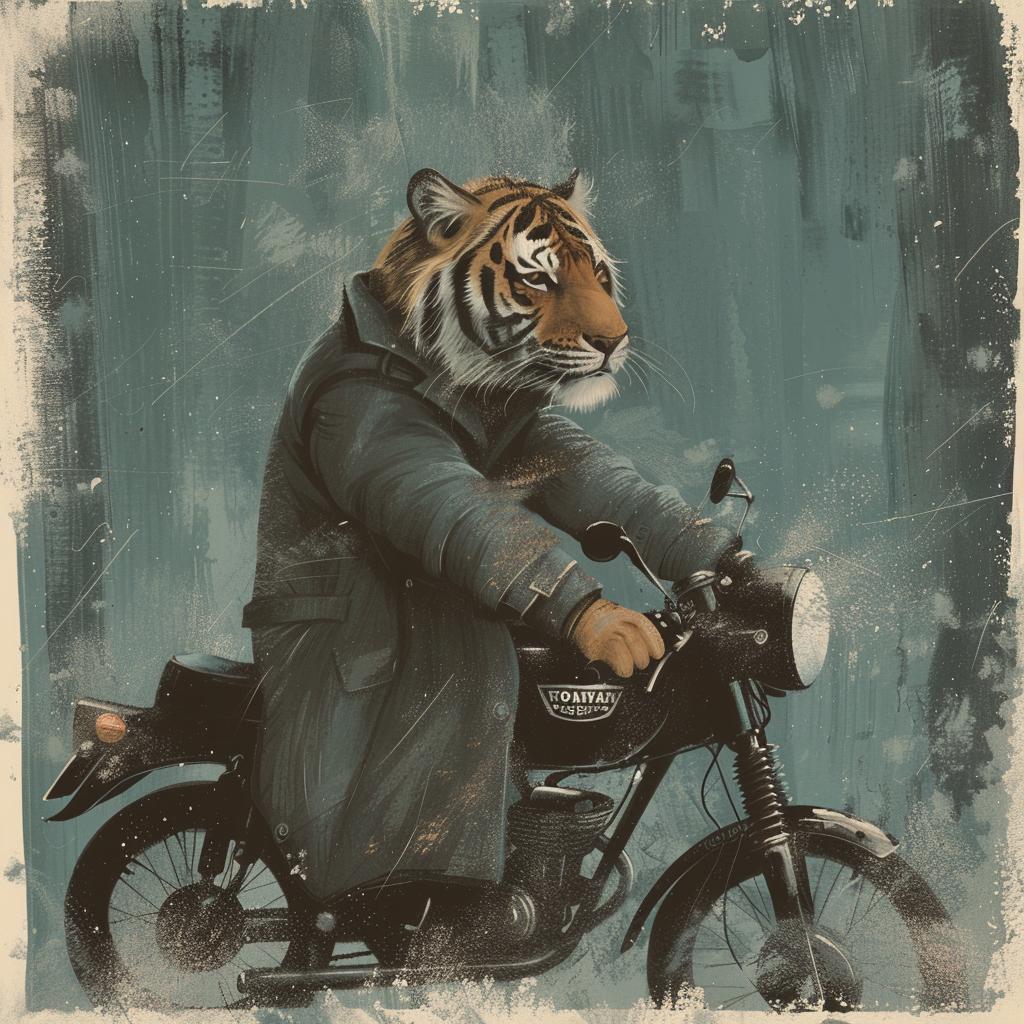 tiger  motorcycle  trenchcoat  adventure  vintage  stylized  humorous  whimsical  dynamic  animal 1021629
