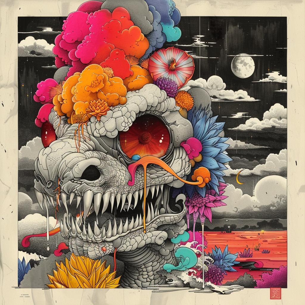 dragon  flowers  painting  Japanese  horror  colorful  mythical  artwork  monsters  vibrant 1036324