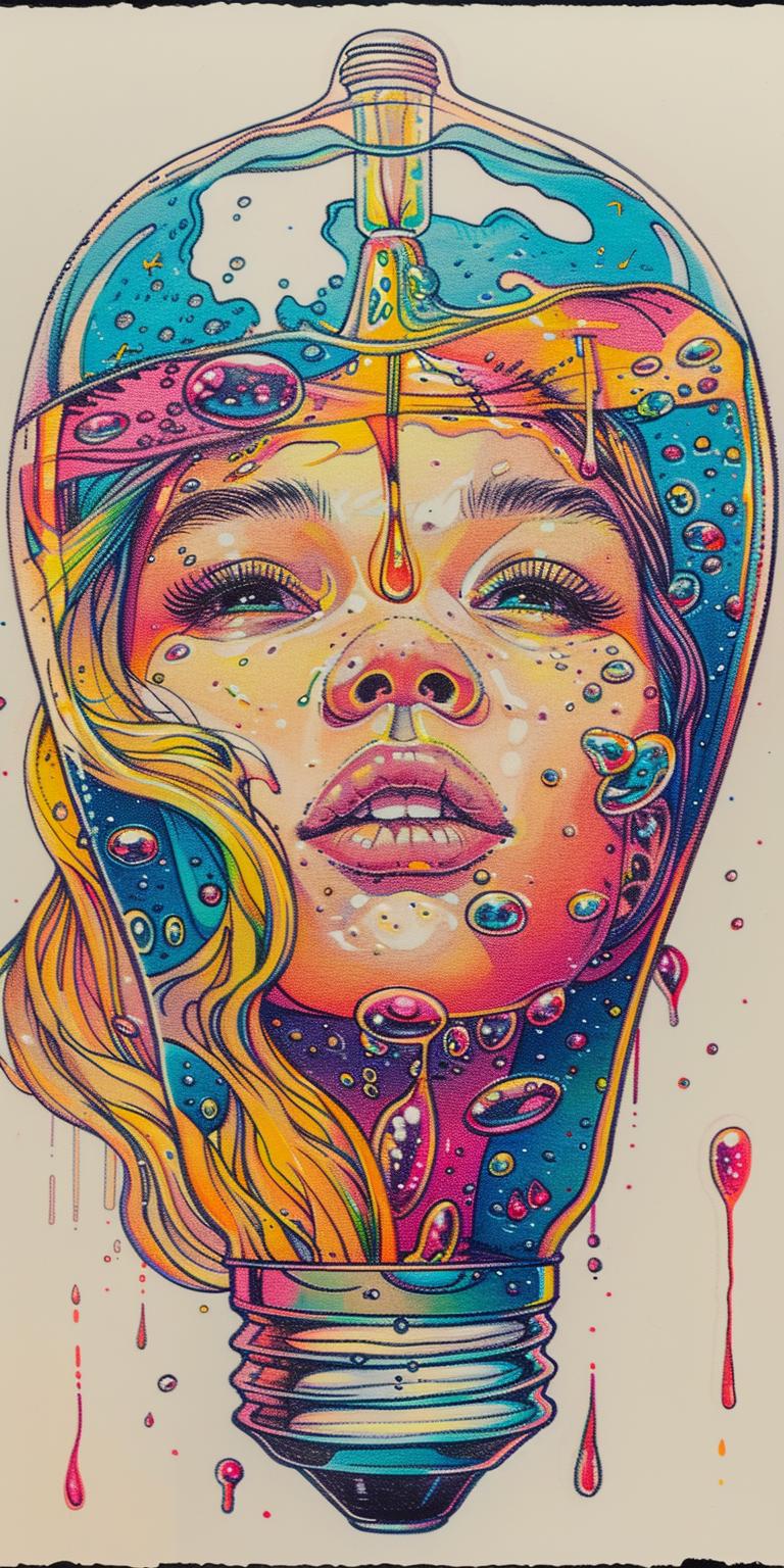 lightbulb  liquid  bubbles  colorful  woman  painting  surreal  dreamlike  emotional  whimsical 940620