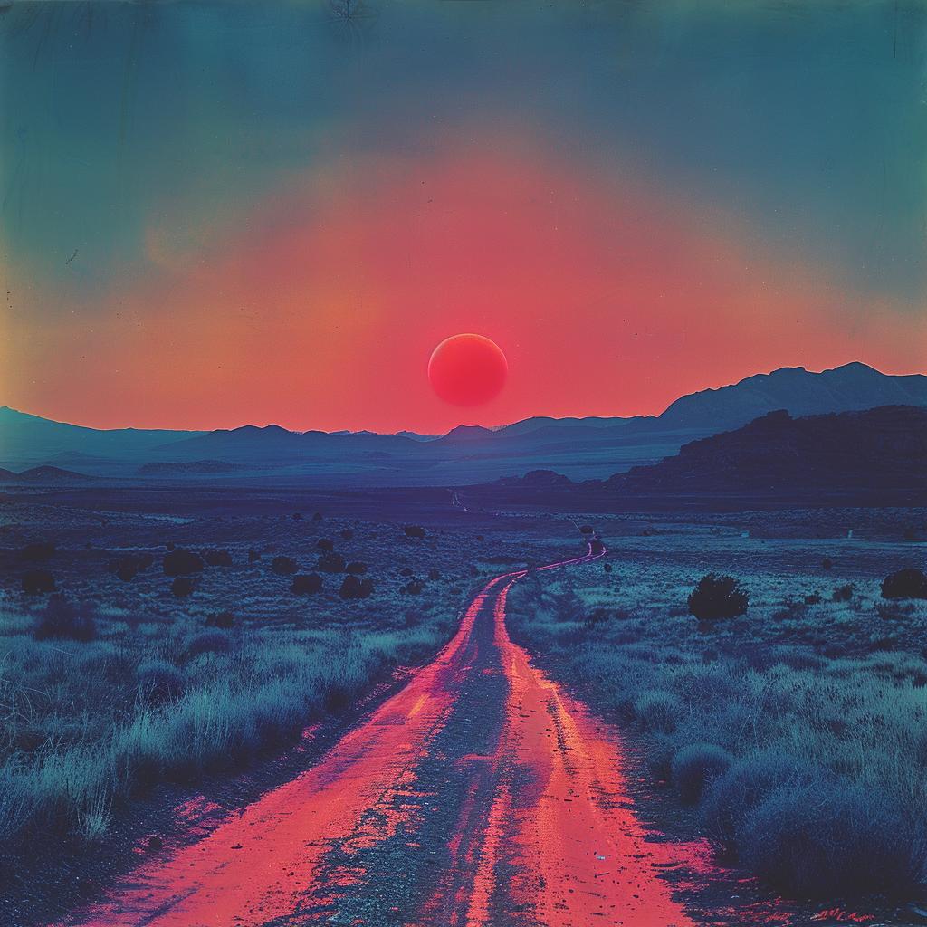 road  desert  sunset  natural colors  Ed Ruscha  volumetric lighting  horizon  landscape  horror art  Risograph 1026678