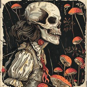 skull  woman  mushrooms  field  chromolithography  art  nature  figurative  fantasy  dreamlike 1040777