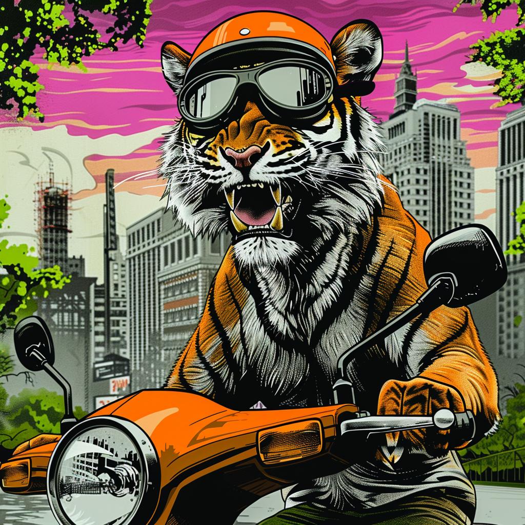 tiger  moped  happy  goggles  motorcycle  city  whimsical  playful  illustration  animal 1027416