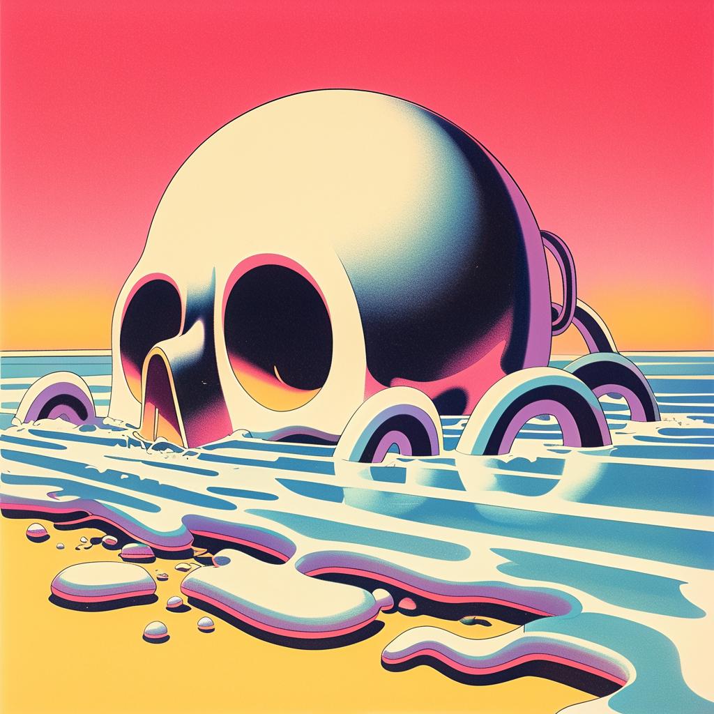 poster  skull  ocean  floating  monochromatic  orange  teal  dark  art  surreal 5734
