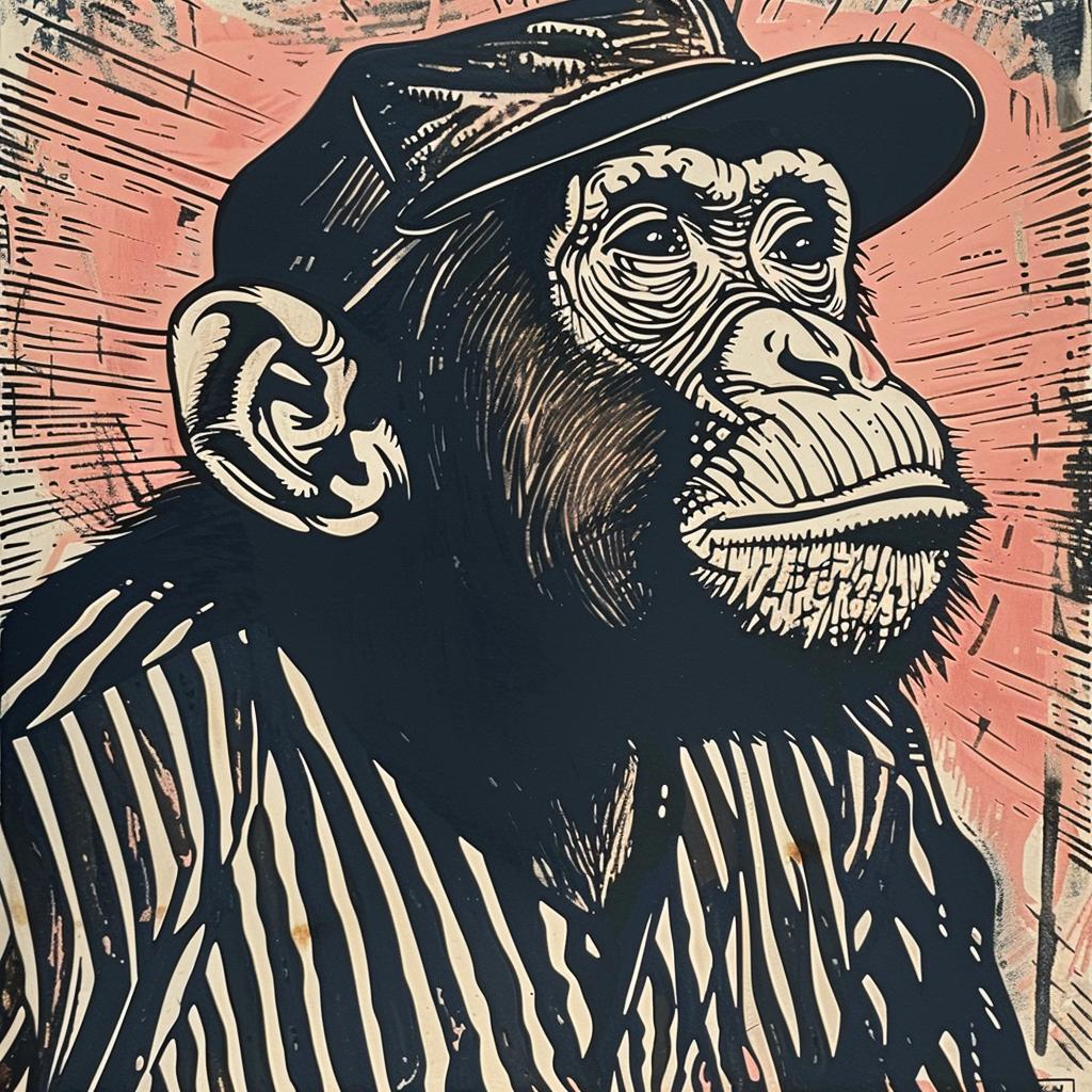 chimp  baseball  uniform  hat  anthropomorphic  playful  colorful  whimsical  sport  painting 1025772