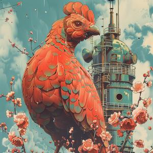 chromolithography  rooster  flowers  tower  painting  colorful  nature  art  vibrant  scenic 1060178
