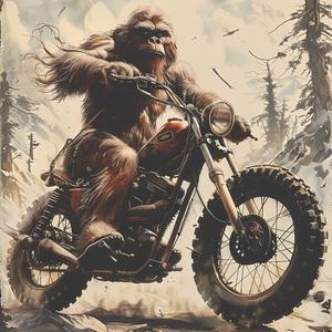 bigfoot  motorcycle  painting  chromolithography  stylized  art  funny  humorous  illustration  character 1050816