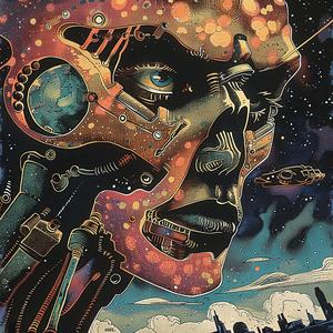 robot  spaceship  painting  Jack Kirby  Art Nouveau  Surrealism  pointillism  gold  indigo  teal 1076381