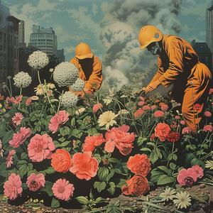 men  orange  overalls  garden  flowers  work  chromolithography  labor  nature  art 1052673