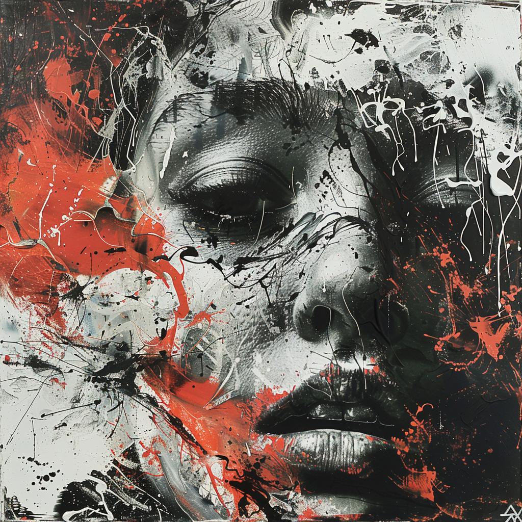 surreal  album  cover  hyper-realistic  screenprinting  Vyle  encaustic  red  black  splatters 959990