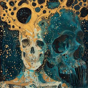 artnouveau  surrealism  pointillism  skull  bubbles  dark  occult  deathmetal  gold  teal 1077150