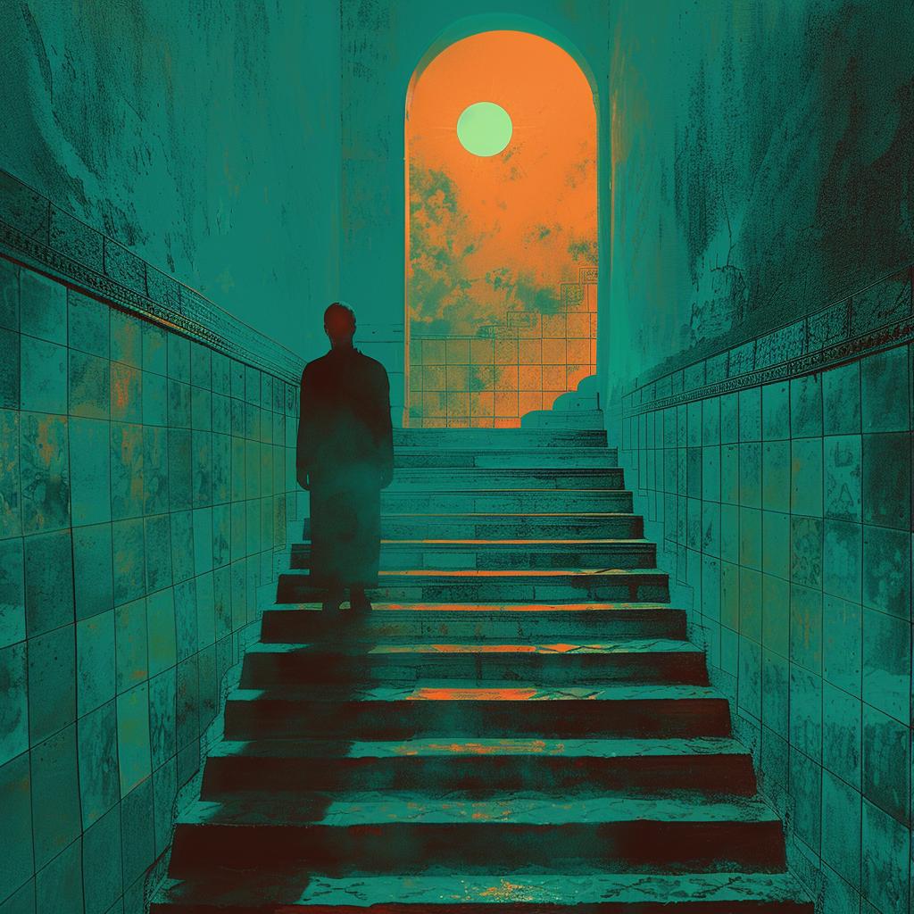 surreal  album  cover  man  stairs  orange  green  lighting  art  creative 974900