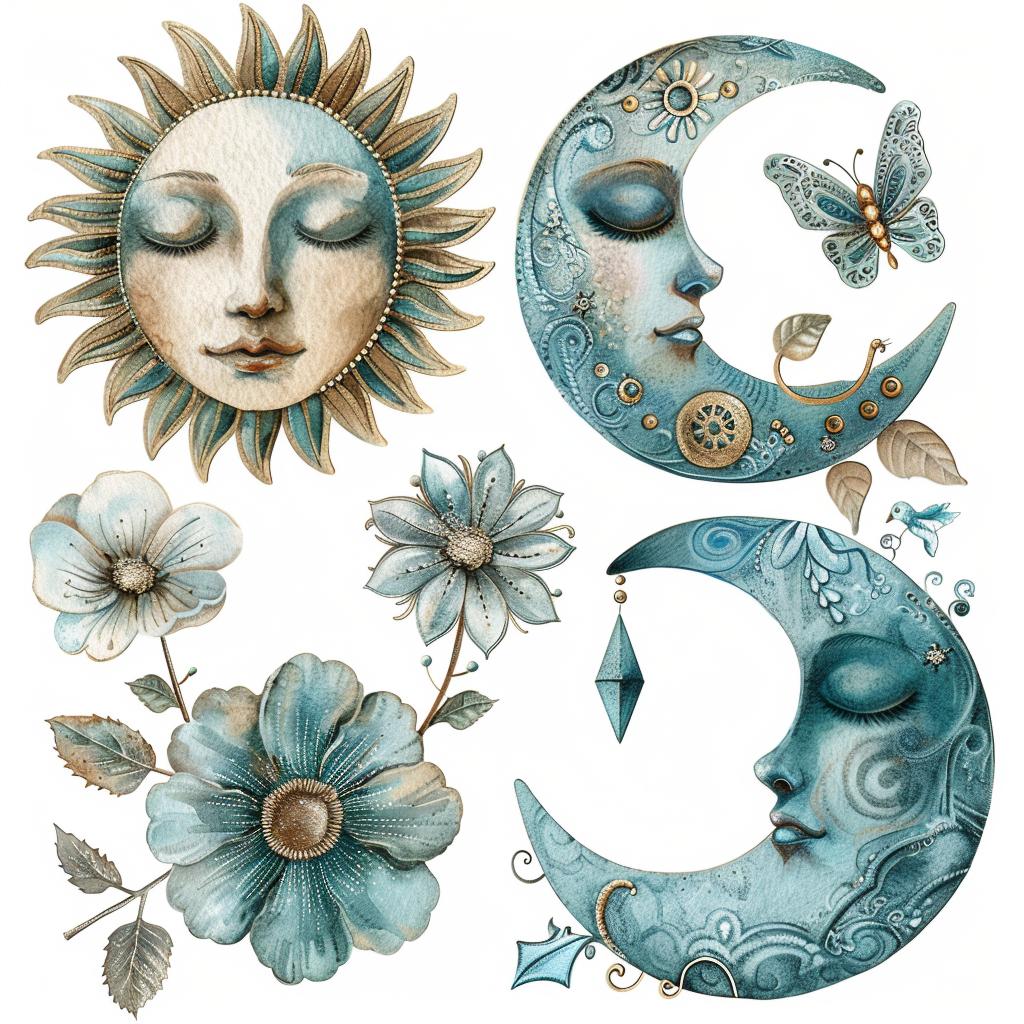 clipart  watercolor  boho  sun  moon  flowers  butterflies  soft  teal  pastel 960164